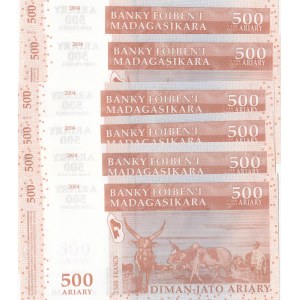 Madagascar, 500 Ariary (2500 Francs), 2004, UNC, p88, (Total 6 Pieces Consecutive Banknotes)