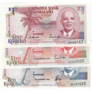 Malawi, 1 Kwacha, 5 Kwacha ve 10 Kwacha, 1992/ 1990/ 1994, UNC, p23b/ p24a/ p25c, (Total 3 Banknotes)