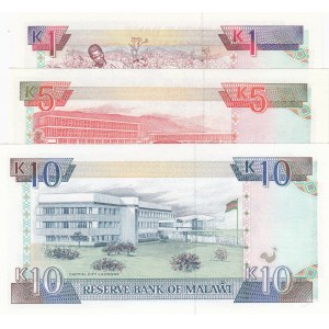 Malawi, 1 Kwacha, 5 Kwacha ve 10 Kwacha, 1992/ 1990/ 1994, UNC, p23b/ p24a/ p25c, (Total 3 Banknotes)