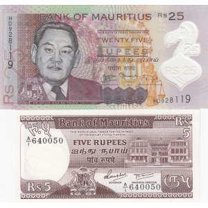 Mauritius, 5 Rupees and 25 Rupees, 1985/ 1998, UNC, p34/ p42, (Total 2 Banknotes)