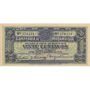 Mozambique, 20 Centavos, 1933, UNC, pR29, CANCELLED