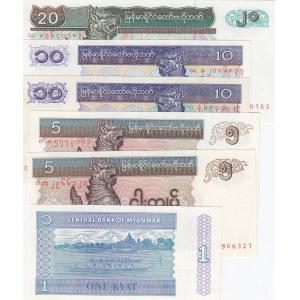 Mianmar, 1 Kyat, 5 Kyat (2), 10 Kyat (2) and 20 Kyat, 1994/1996, UNC, p69 / p70 /p71 / p72, (Total 6 banknotes)