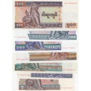 Myanmar, 5 Kyats, 10 Kyats, 20 Kyats, 50 Kyats, 100 Kyats, 200 Kyats and 500 Kyats, 1996-1998, UNC, (Total 7 banknotes)
