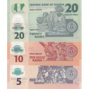 Nigeria, 5 Naira, 10 Naira and 20 Naira, 2012 / 2017, UNC, p38/ p39/ p34, (Total 3 banknotes)