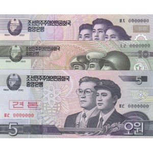 North Korea, 5 Won, 10 Won and 50 Won, 2002, UNC, SPECIMEN, (Total 3 banknotes)