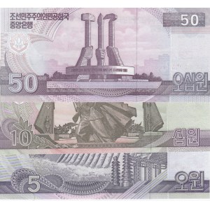 North Korea, 5 Won, 10 Won and 50 Won, 2002, UNC, SPECIMEN, (Total 3 banknotes)
