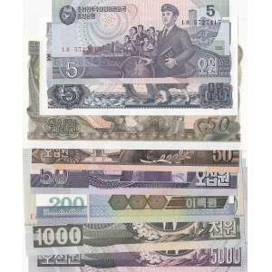 North Korea, 5 Won (2), 50 Won (3), 200 Won, 1000 Won and 5000 Won (2), 1978/2006, UNC, (Total 9 banknotes)