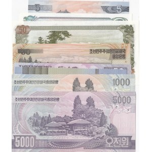 North Korea, 5 Won (2), 50 Won (3), 200 Won, 1000 Won and 5000 Won (2), 1978/2006, UNC, (Total 9 banknotes)