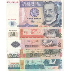 Peru, 10 İntis, 50 İntis, 100 İntis, 1000 İntis and 10.000 İntis, 1987/1988, UNC, (Total 5 banknotes)