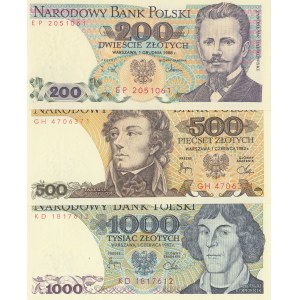 Poland, 200 Zlotych, 500 Zlotych and 1000 Zlotych, 1982/1988, UNC, p144/p145/p146, (Total 3 banknotes)