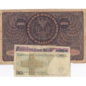 Poland, 50 Zlotych, 1000 Marek and 10.000 Zlotych, 1982/ 1919/1988, (Total 3 banknotes)