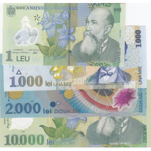 Romania, 1 Lei, 1000 Lei, 2000 Lei and 10000 Lei, UNC, p117i/ p106/ p111a/ p112a, (Total 4 Banknotes)