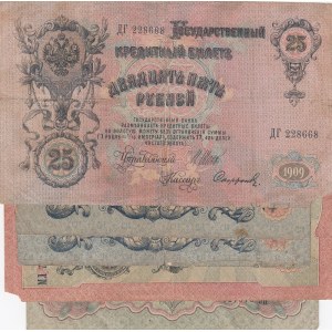 Russia, 3 Ruble, 5 Ruble (2), 10 Ruble and 25 Ruble, POOR / VERY FINE, (1905/1909, (Total 5 banknotes)