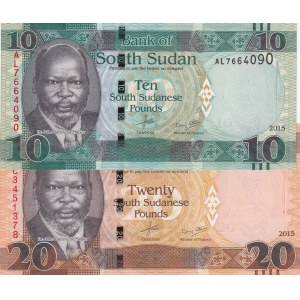 South Sudan, 10 Pounds and 20 Pounds, 2015, UNC, p12/ p13, (Total 2 Banknotes)
