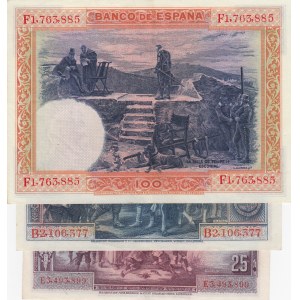 Spain, 25 Pesetas, 50 Pesetas and 100 Pesetas, 1925 / 1928, AUNC, p74 /p75/ p76, (Total 3 banknotes)