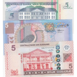 Suriname, 5 Guldens and 5 Guldens and 5 Dollars, 1998/ 2000/ 2010, UNC, p136b/ p146/ p162a, (Total 3 Banknotes)