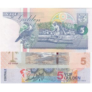Suriname, 5 Guldens and 5 Guldens and 5 Dollars, 1998/ 2000/ 2010, UNC, p136b/ p146/ p162a, (Total 3 Banknotes)