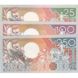 Suriname, 25 Gulden, 100 Gulden and 250 Gulden, 1988/ 1986/ 1988, UNC, (Total 3 Banknotes)