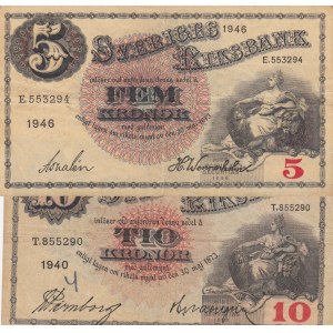 Sweden, 5 Kronor and 10 Kronor, 1940 / 1946, VF (+), p33ac / p34w, (Total 2 banknotes)