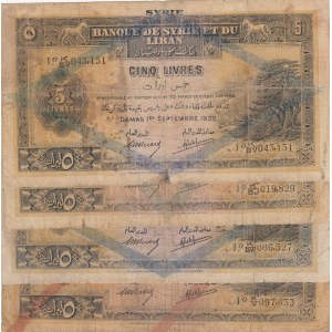 Syria, 5 Livres, 1939, POOR, p41, (Total 4 Banknotes)