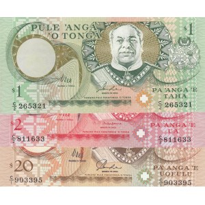 Tonga, 1 Pa'anga, 2 Pa'anga ve 20 Pa'anga, 1995, UNC, p31a/ p32b/ p35a, (Total 3 Banknotes)