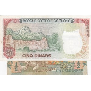 Tunisia, 1/2 Dinar and 5 Dinars, 1973 / 1980, XF, p69 /p75, (Total 2 banknotes)