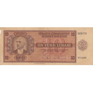 Turkey, 10 Lira, 1942, VF, p141, 3/1. Emission