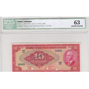 Turkey, 10 Lira, 1947, UNC, p147s, 4/1. Emission, SPECIMEN