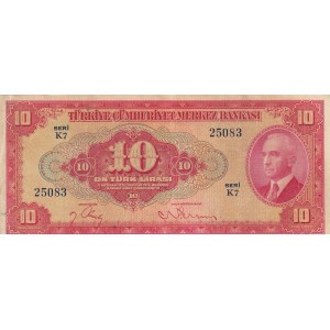 Turkey, 10 Lira, 1947, XF, p147, 4/1. Emission