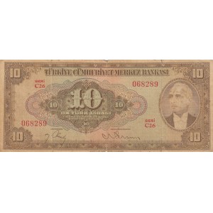 Turkey, 10 Lira, 1948, POOR, p148, 4/2. Emission