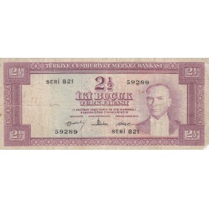 Turkey, 2 1/2 Lira, 1960, POOR, p153, 5/4. Emission