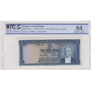 Turkey, 5 Lira, 1952, UNC, p154, 5/1. Emission