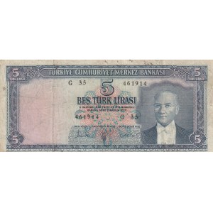 Turkey, 5 Lira, 1961, FINE, p154, 5/1. Emission