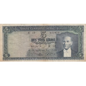 Turkey, 5 Lira, 1965, POOR, p174, 5/4. Emission