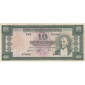 Turkey, 10 Lira, 1960, VF, p159, 5/4. Emission