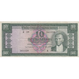 Turkey, 10 Lira, 1963, VF (+), p161, 5/6. Emission