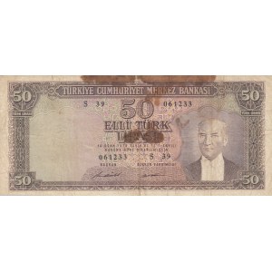 Turkey, 50 Lira, 1971, POOR, p187Aa, 5/7. Emission