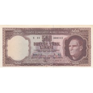 Turkey, 500 Lira, 1962, AUNC, p178, 5/3. Emission, Low Serial number