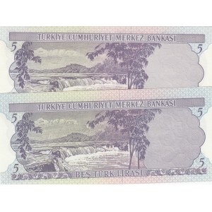 Turkey, 5 Lira, 1968, UNC, p179, 6/1. Emission, DIFFERENT WATERMARK, (Total 2 banknotes)