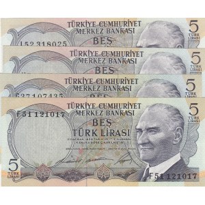 Turkey, 5 Lira, 1968 / 1976, UNC, p179 / p185, 6/1. ve 6/2. Emission, (Total 4 banknotes)