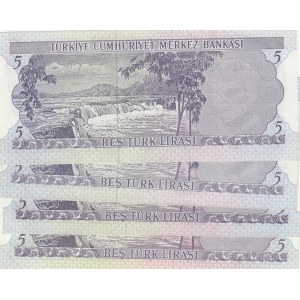 Turkey, 5 Lira, 1968 / 1976, UNC, p179 / p185, 6/1. ve 6/2. Emission, (Total 4 banknotes)