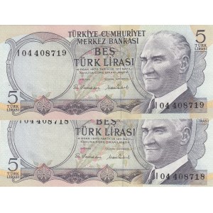 Turkey, 5 Lira, 1976, UNC, p185, 7/2. Emission, (Total 2 consecutive banknotes)