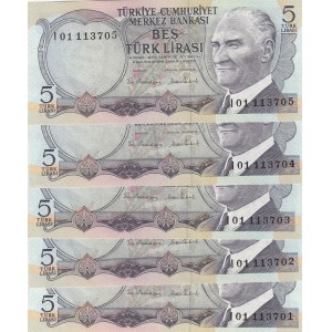 Turkey, 5 Lira, 1976, UNC p179, 6/2. Emission, I01, (Total 5 consecutive banknotes)