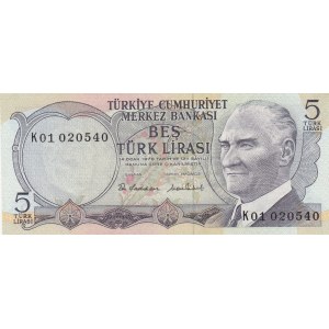 Turkey, 5 Lira, 1976, AUNC p179, 6/2. Emission, K01