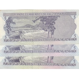 Turkey, 5 Lira, 1976, XF / UNC, p185, 6/2. Emission, (Total 3 banknotes)