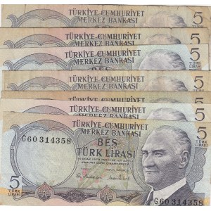 Turkey, 5 Lira, 1976, VF / XF, p185, 6/2. Emission, (Total 8 banknotes)