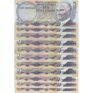 Turkey, 5 Lira, 1968/1976, UNC, p179 /p185, 6. Emission full prefix set, (Total 12 banknotes)
