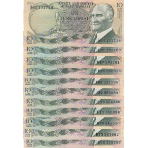 Turkey, 10 Lira, 1966/1975, AUNC /UNC, p180/ p186, 6. Emission, (Total 11 banknotes)