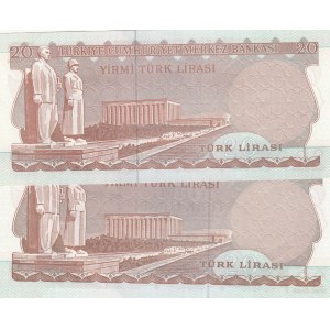 Turkey, 20 Lira, 1974/1979, UNC, p187, 6/1. and 6/2. Emission, DIFFERENT WATERMARK, (Total 2 banknotes)