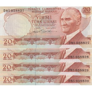 Turkey, 20 Lira, 1974, UNC, p187, 6/2. Emission, (Total 4 consecutive banknotes)